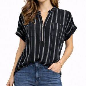Black and White Striped Zip-Up Top